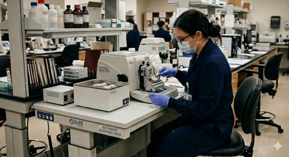 Histotechnologist cutting tissue sections on a Leica microtome in a histology laboratory