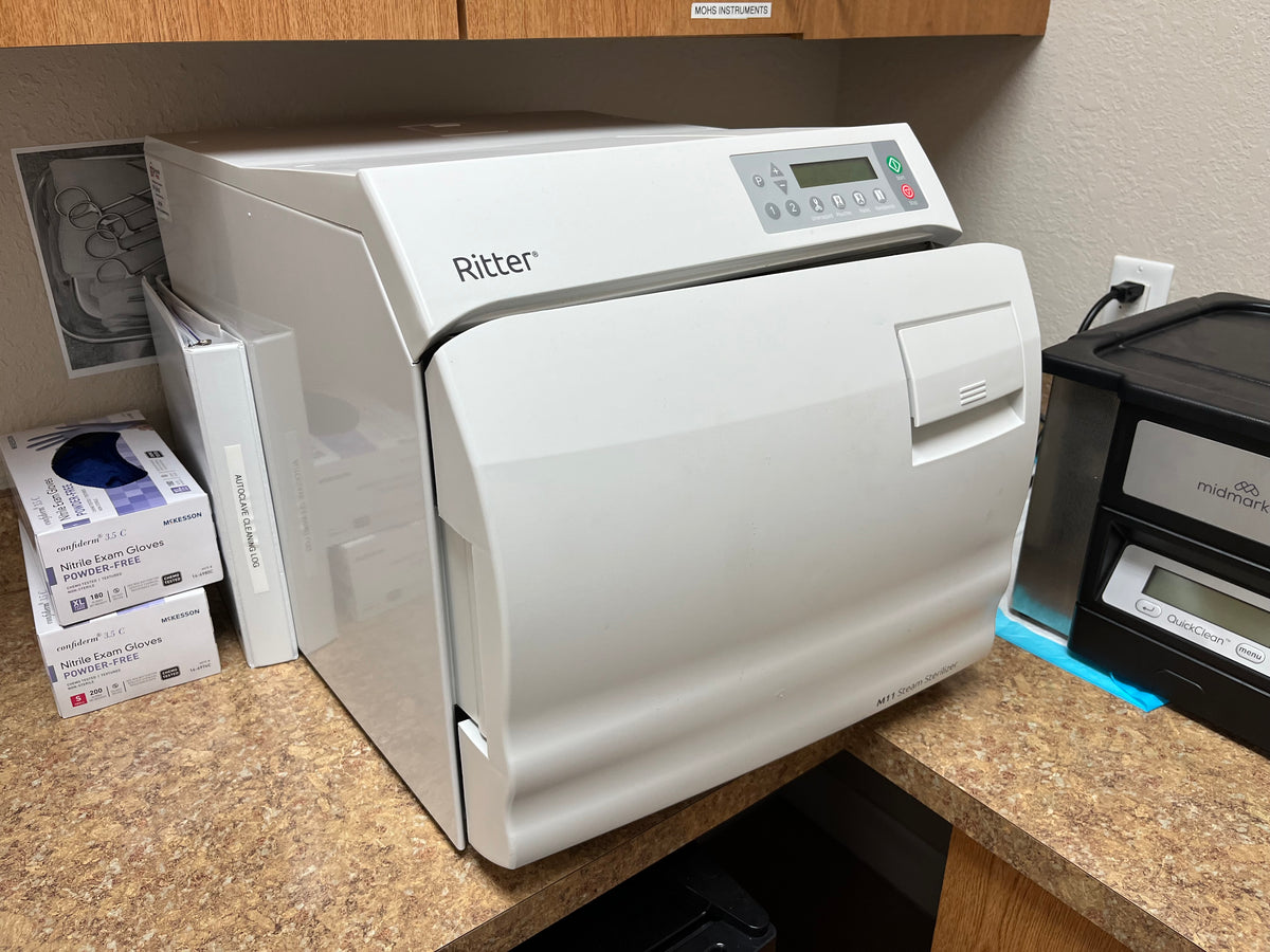 Tissue processor with PM maintenance sticker close up — annual inspection